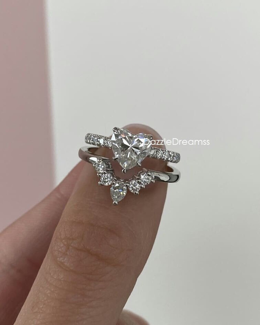 Timant Heart Set 1.50CT Heart Shape Moissanite Engagement Ring Set, Solitaire Heart ...