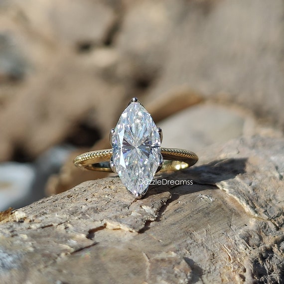 14x7mm Colorless Marquise Moissanite Engagement Ring/2.55ct Two Tone 14K  Gold Unique Wedding Ring/milgrain Wedding Diamond Band/silver Ring 