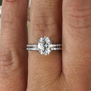 2.50 CT Oval Moissanite Wedding Ring Set, Oval Diamond Double 4-Prong Ring Set, 14k Solid Gold Bridal Ring Set, Solitaire Oval Diamond Ring