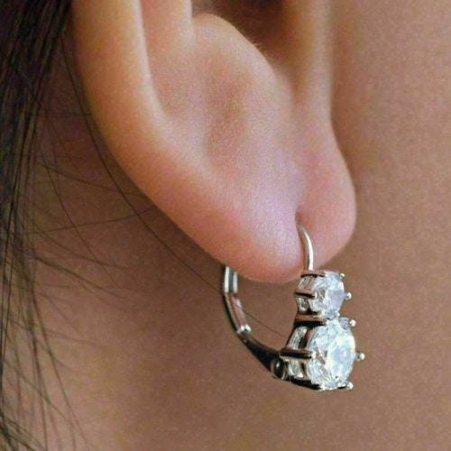2.50 CT Round Cut Moissanite Dangle & Drop 925 Silver Earrings, lever Back Gold Earrings, Moissanite Round Huggies, Perfect Gift For Woman