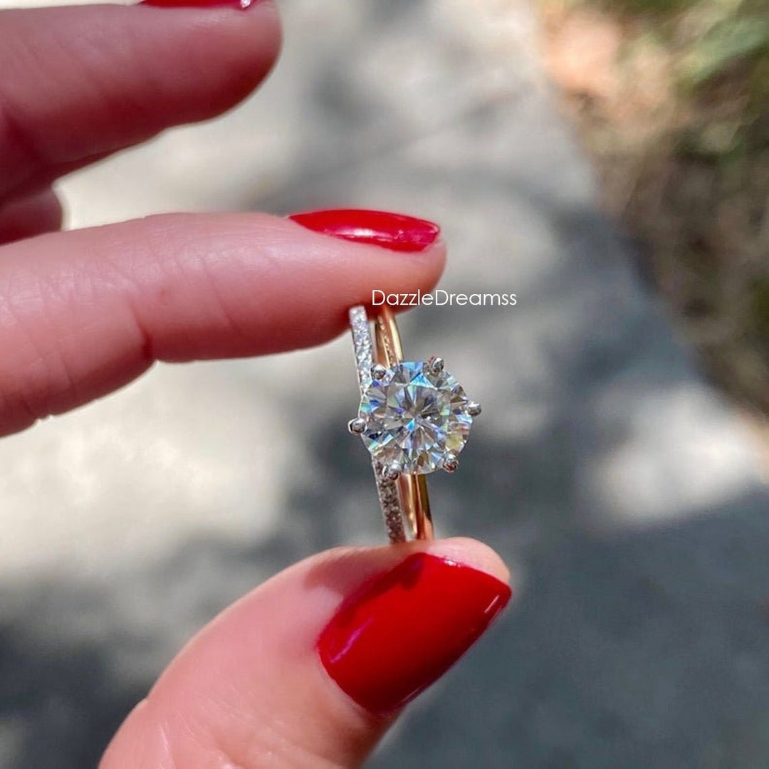 2CT Round Moissanite Engagement Ring Set, 14K Yellow Gold Wedding ...