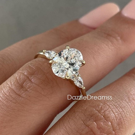 Beautiful Trilogy Lab Grown CVD Diamond Ring/2.50CT Oval Lab Diamond Wedding Ring/IGI Certified/14K Solid Gold Claw Prong Engagement Ring