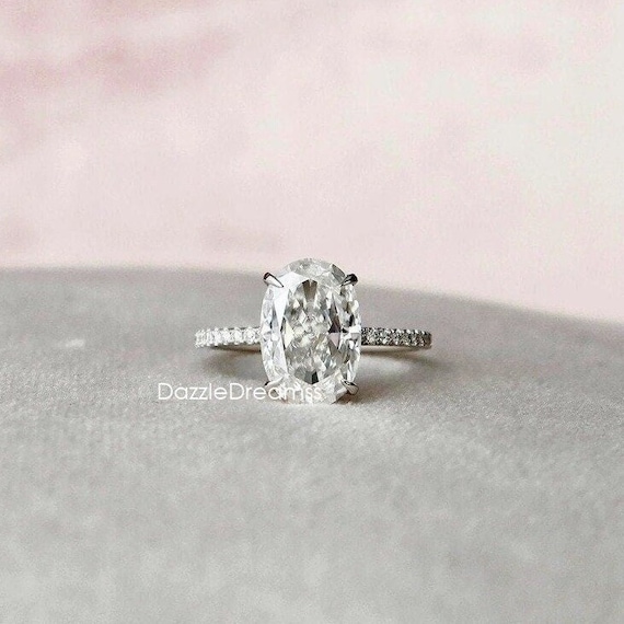 12x8MM Elongated Oval Moissanite Silver Engagement Ring/3.50CT Oval Diamond Solitaire 14K White Gold Ring/Pave Diamond Oval Claw Prong Ring