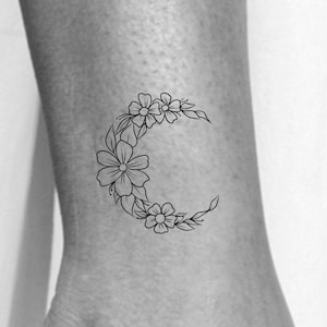 Wildflower Crescent Moon Temporary Tattoo / moon tattoo / wildflower tattoo