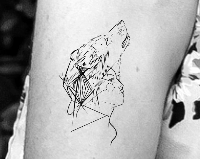 Geometric Wolf Woman Temporary Tattoo