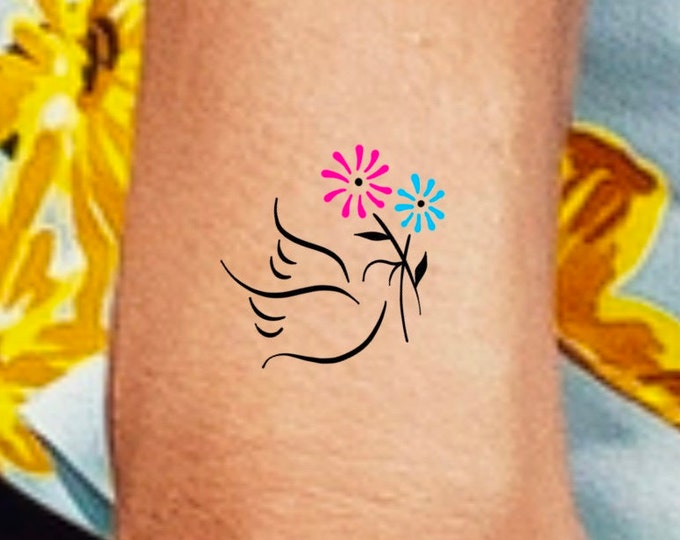 Dove Wildflower Temporary Tattoo / Dove Holding Color Flowers