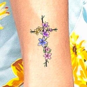 Cross Flower Color Temporary Tattoo / cross flower tattoo / floral cross tattoo / small cross tattoo / wildflower cross tattoo