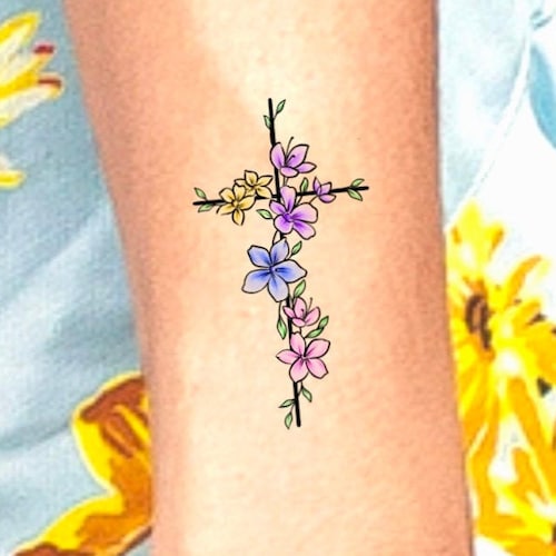 Cross Flower Color Temporary Tattoo / Cross Flower Tattoo / Etsy