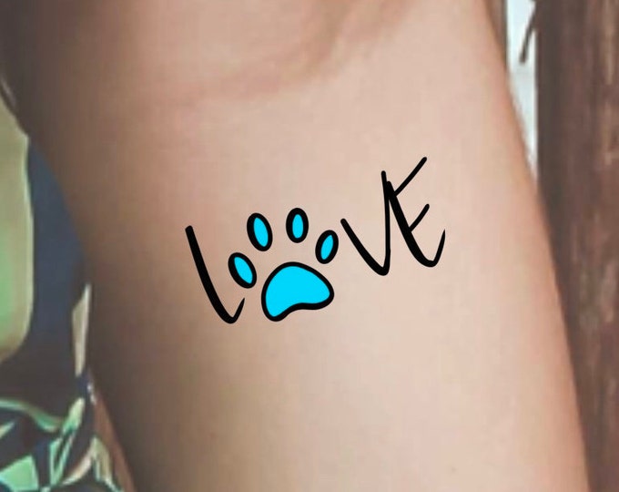 Love Paw Print Temporary Tattoo / Blue or Pink Paw