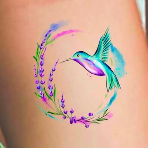Hummingbird Lavender Watercolor Temporary Tattoo / humming bird tattoo / lavender tattoo / watercolor tattoo