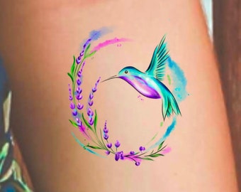 Hummingbird Lavender Watercolor Temporary Tattoo / humming bird tattoo / lavender tattoo / watercolor tattoo