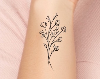 Wildflower Temporary Tattoo Floral Tattoo Small Tattoo Etsy