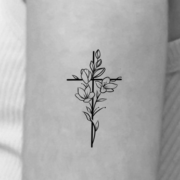 Tatouage temporaire fleur croix / petit tatouage croix florale 1