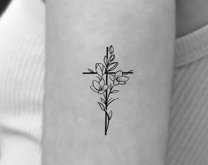 Cross Flower Temporary Tattoo / small floral cross tattoo 1