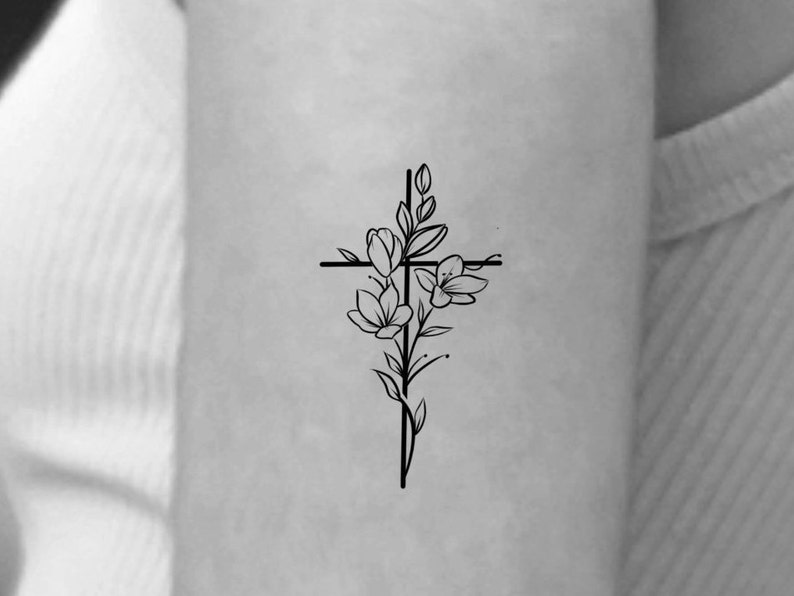 Cross Flower Temporary Tattoo / small floral cross tattoo 1 image 1