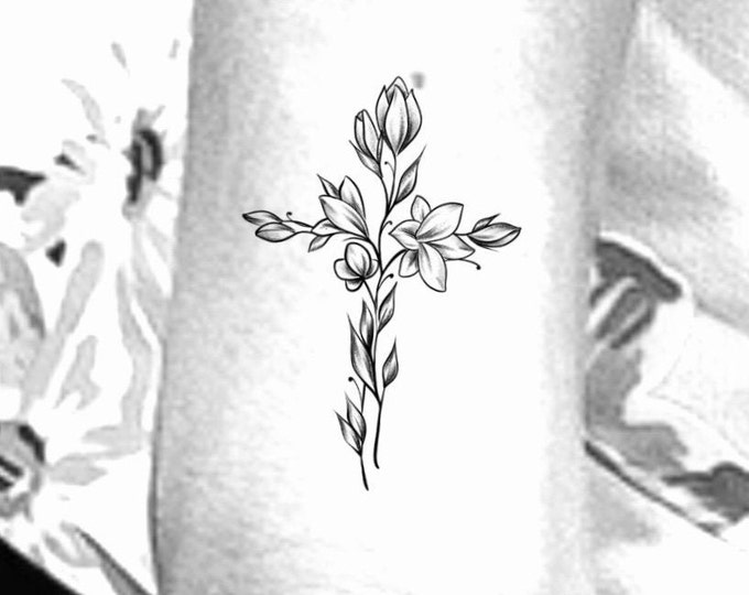 Cross Flower Temporary Tattoo / Floral cross tattoo 3