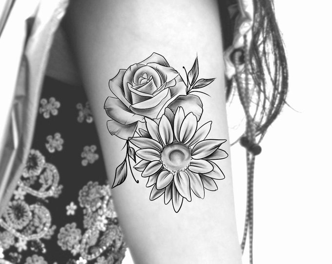 Large Floral Temporary Tattoo / Large Rose Tattoo / Large Sunflower Tattoo