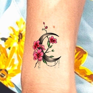 Moon Flower Temporary Tattoo / floral moon tattoo / crescent moon tattoo / floral tattoo / wildflower tattoo / cute moon tattoo / space tat