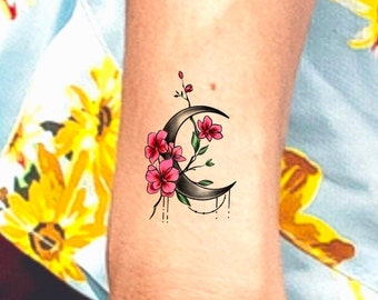 Moon Flower Temporary Tattoo / floral moon tattoo / crescent moon tattoo / floral tattoo / wildflower tattoo / cute moon tattoo / space tat