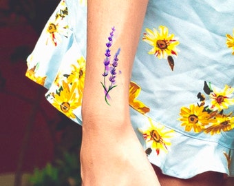 Watercolor Lavender Temporary Tattoo, Floral Design (3 Inch)