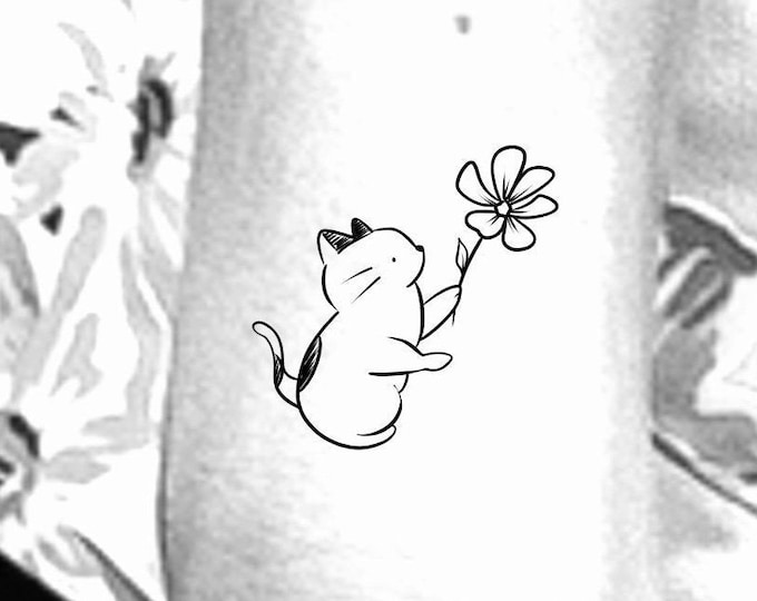 Cat Flower Temporary Tattoo / floral cat tattoo / cat temporary tattoo / animal tattoo / floral tattoo / flower tattoo / wildflower tattoo