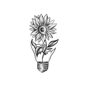 Puede incluir: Una ilustraci&oacute;n en blanco y negro de un girasol que crece fuera de una bombilla rota.