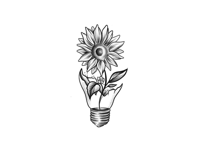 Puede incluir: Una ilustraci&oacute;n en blanco y negro de un girasol que crece fuera de una bombilla rota.