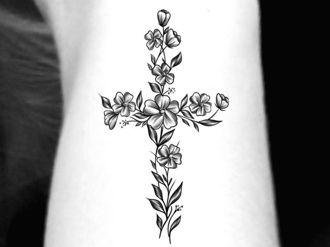 Cross Flower Temporary Tattoo / Small Floral Cross Tattoo 2 - Etsy