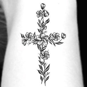 Cross Flower Temporary Tattoo / small floral cross tattoo 2