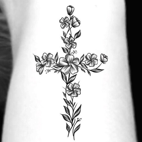 Cross Flower Temporary Tattoo / Small Floral Cross Tattoo 2 Etsy
