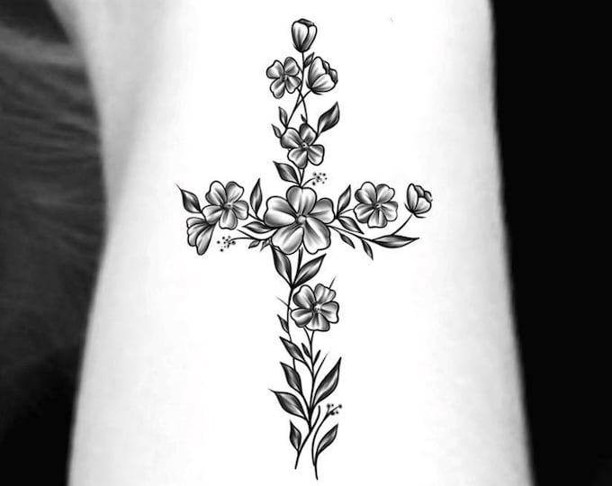 Cross Flower Temporary Tattoo / small floral cross tattoo 2