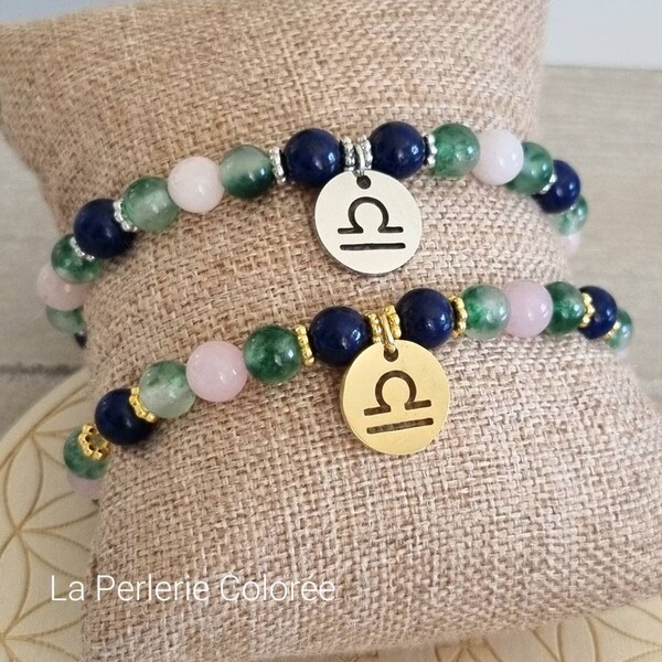 Balance - Zodiaque - Bracelet signe astrologique - Jade vert, Quartz Rose, Lapis Lazuli / Pierre naturelle / Breloque astro acier inoxydable