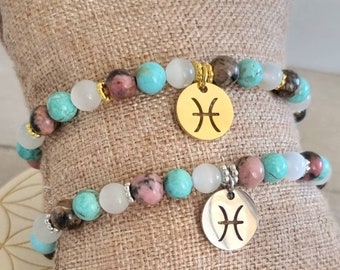 Pisces - Zodiac - Astrological sign bracelet - Turquoise - Rhodonite - Moonstone - Natural stone - stainless steel pendant