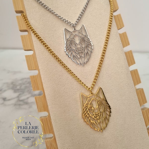 Collier WOLF / Pendentif tête de Loup / Acier inoxydable 316L / Plaqué or 18k / Idée cadeau Homme ou femme / Bijou animal minimaliste