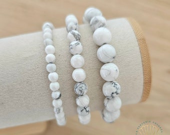 Bracelet Howlite véritable en pierres naturelles 4/6/8 mm, Bijou bien être fait main sur mesure, Pierre semi-précieuse magnésite