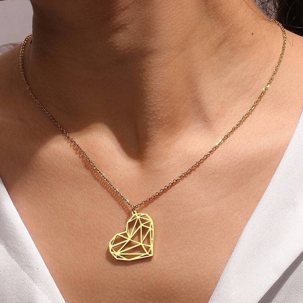 Collier COEUR - Pendentif forme de cœur géométrique graphique - Acier inoxydable - Plaqué or 18k - amour - bijou cadeau - Saint Valentin