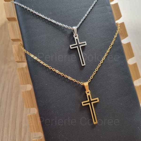 Collier pendentif croix chrétienne, acier inoxydable or 18k - Bijou chrétien homme et femme - Bijoux religieux, catholique - Cadeau baptême