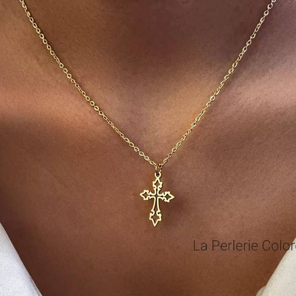 Gothic Christian cross pendant necklace, 18k gold stainless steel, Christian jewelry for men and women - Religious jewelry, Catholic - baptism