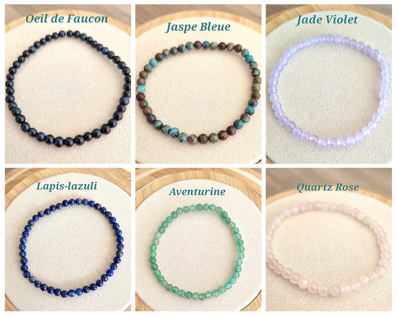 Bracelet Perles naturelles 4 mm fait main et sur mesure / Pierres semi-précieuses / Au choix parmi 40 pierres naturelles / Idée cadeau litho zdjęcie 6