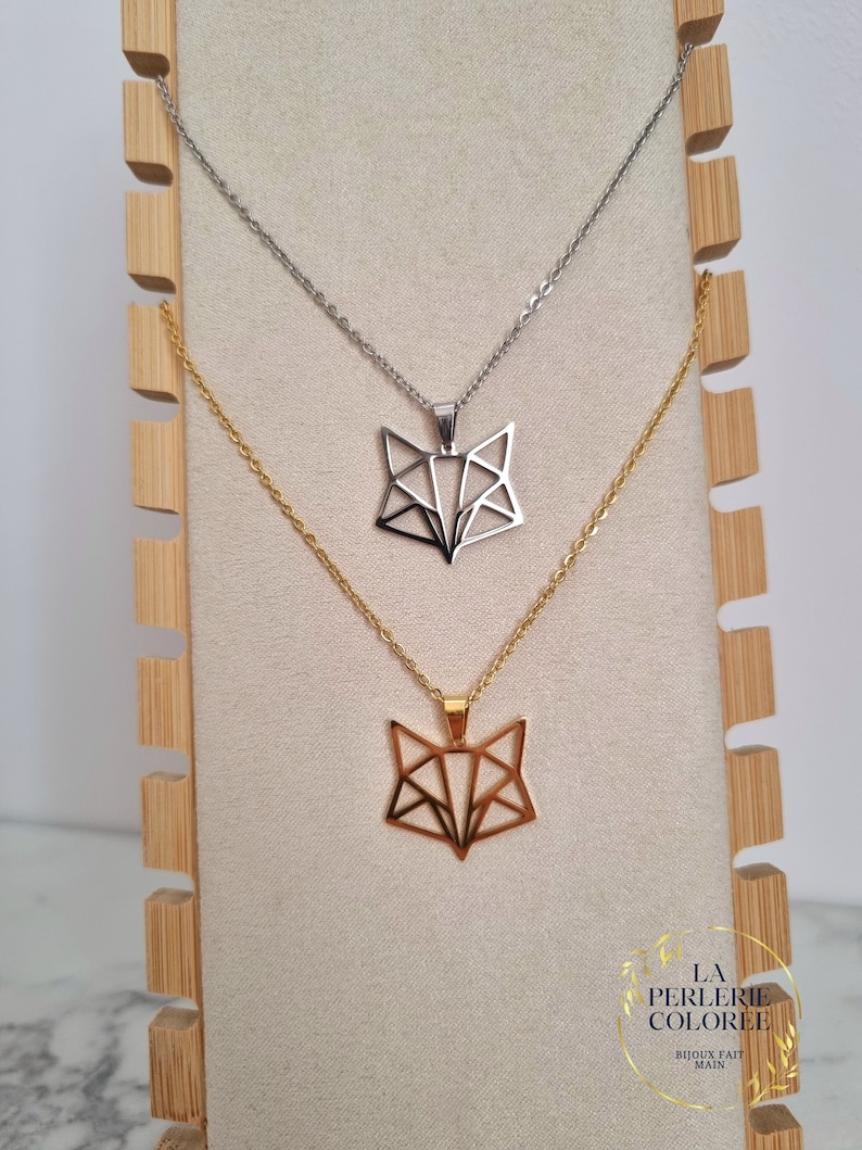 Collier pendentif Renard Origami géométrique / Acier inoxydable 316L / Plaqué or 18k / Idée cadeau Homme ou femme / Bijou animal minimaliste image 1