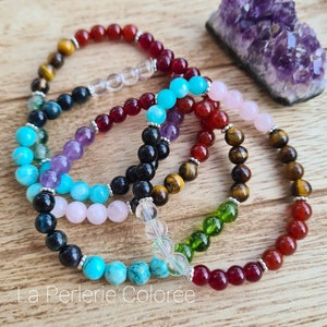 7 chakra bracelet in natural stones 6 mm / Custom handmade lithotherapy jewelry / Carnelian, Amethyst, Turquoise, Garnet, Quartz