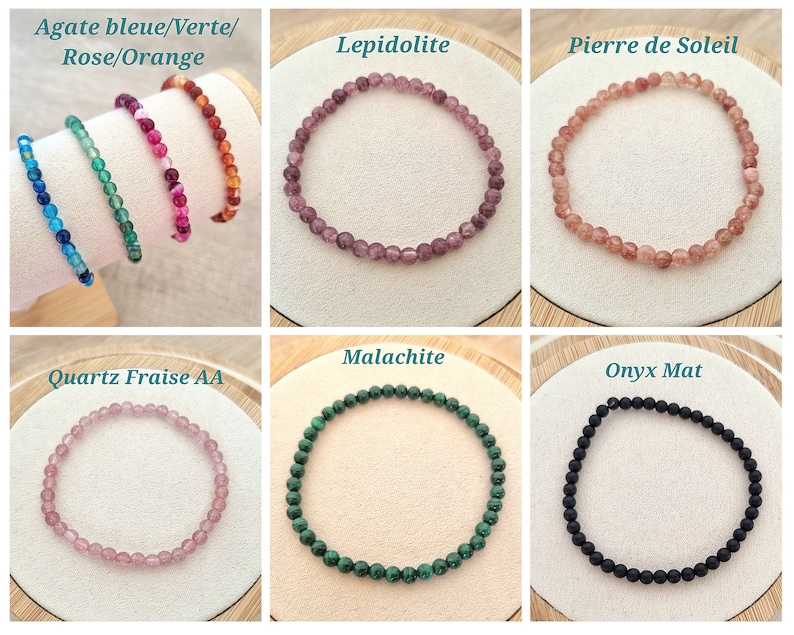 Bracelet Perles naturelles 4 mm fait main et sur mesure / Pierres semi-précieuses / Au choix parmi 40 pierres naturelles / Idée cadeau litho zdjęcie 2