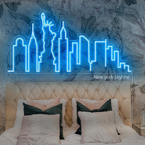 Neonskylt för New York Citys silhuett | Neonkonst för stadslandskap | Anpassad LED-neonskylt för New York | USA:s stadssilhuetter | Neonheminredning | Handgjord