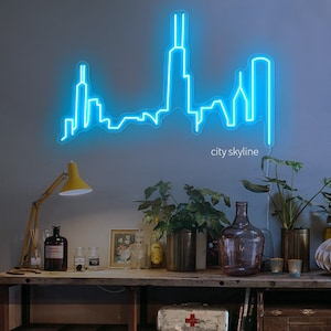 Insegna al neon Chicago Skyline / Luce al neon LED paesaggio urbano personalizzato / Skyline Line Art Decor / Miami / Boston / Paesaggi urbani americani / Idea regalo