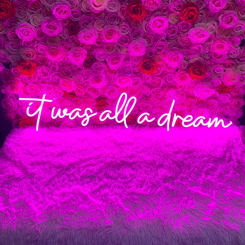 Puede incluir: Un letrero de ne&oacute;n blanco con el texto "it was all a dream" sobre un fondo de rosas de papel rosa y blanco.