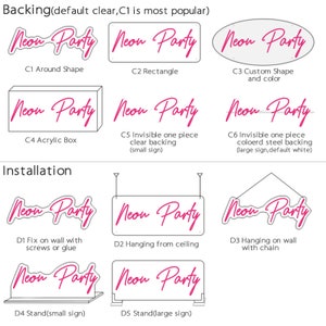 Puede incluir: Diagrama que muestra diferentes opciones de respaldo e instalaci&oacute;n para un letrero de ne&oacute;n que dice "Neon Party". El letrero est&aacute; disponible en varias formas, incluyendo una forma redondeada, un rect&aacute;ngulo y una forma personalizada. Las opciones de instalaci&oacute;n incluyen colgar del techo, fijar a la pared con tornillos o pegamento, y usar un soporte.
