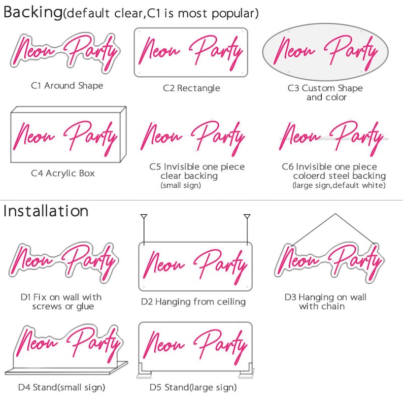 Puede incluir: Diagrama que muestra diferentes opciones de respaldo e instalaci&oacute;n para un letrero de ne&oacute;n que dice "Neon Party". El letrero est&aacute; disponible en varias formas, incluyendo una forma redondeada, un rect&aacute;ngulo y una forma personalizada. Las opciones de instalaci&oacute;n incluyen colgar del techo, fijar a la pared con tornillos o pegamento, y usar un soporte.