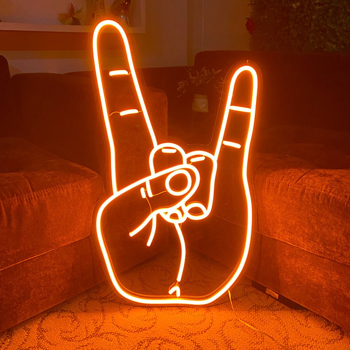 Hand Neon Sign Hook Em Horns Wall Decor Heavy Metal Sign Etsy