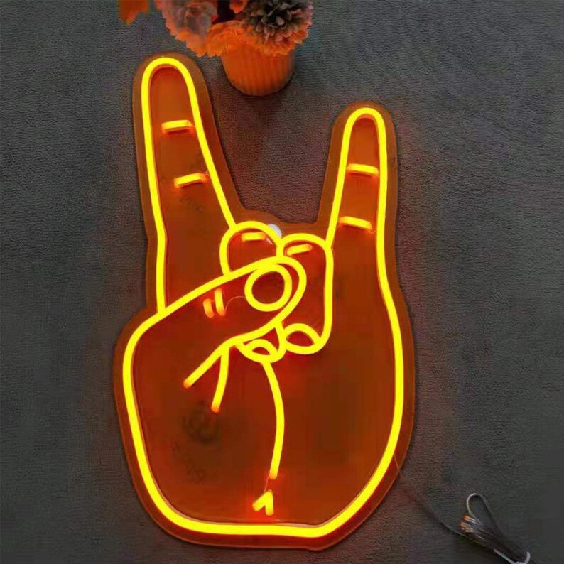 Hand Neon Sign Hook Em Horns Wall Decor Heavy Metal Sign Etsy