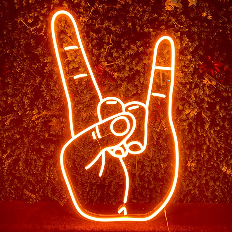 Hand Neon Sign Hook Em Horns Wall Decor Heavy Metal Sign Etsy